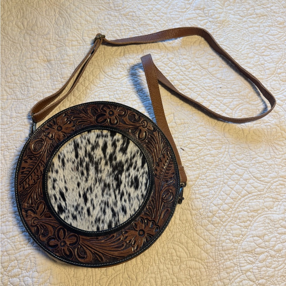 Round Brown and Black Cowhide Crossbody Bag